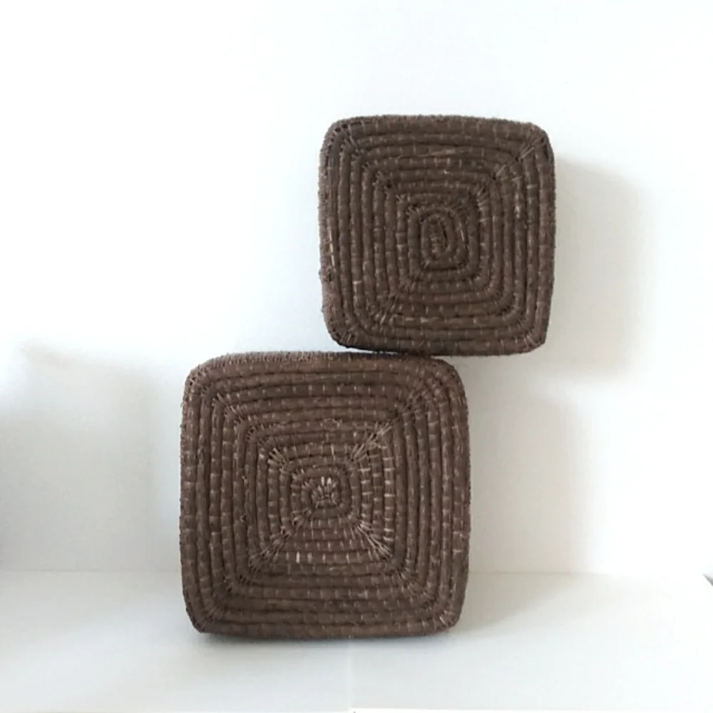 2 Straw Woven Square Cottagecore Boho Storage Boxes w/ lids