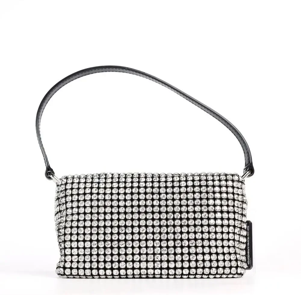 Alexander Wang Heiress Pouch in Crystal Mesh with a Black Leather Top Handle
