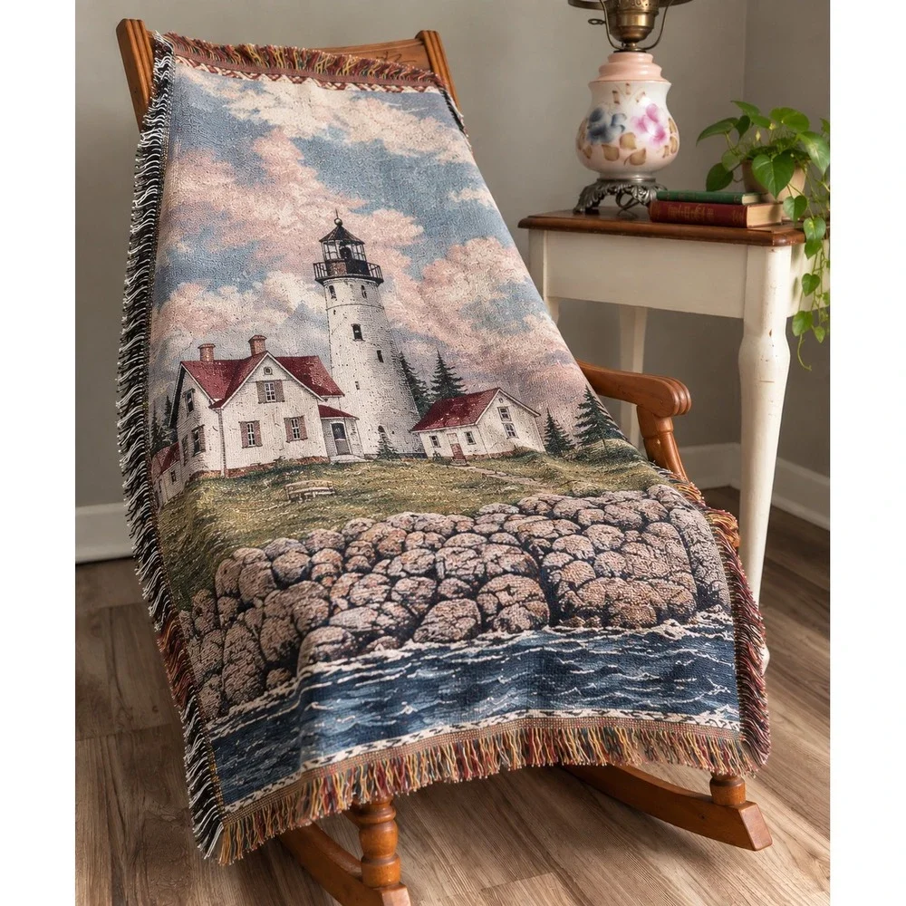 Vintage Lighthouse Coastal Woven Tapestry Throw Blanket Fringe 60x48