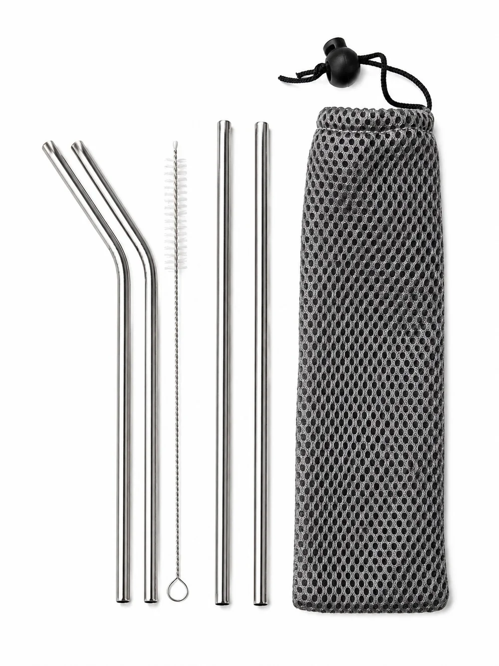6PC Reusable Stainless Steel Straws Set Eco Friendly Kit + Mesh Travel Bag