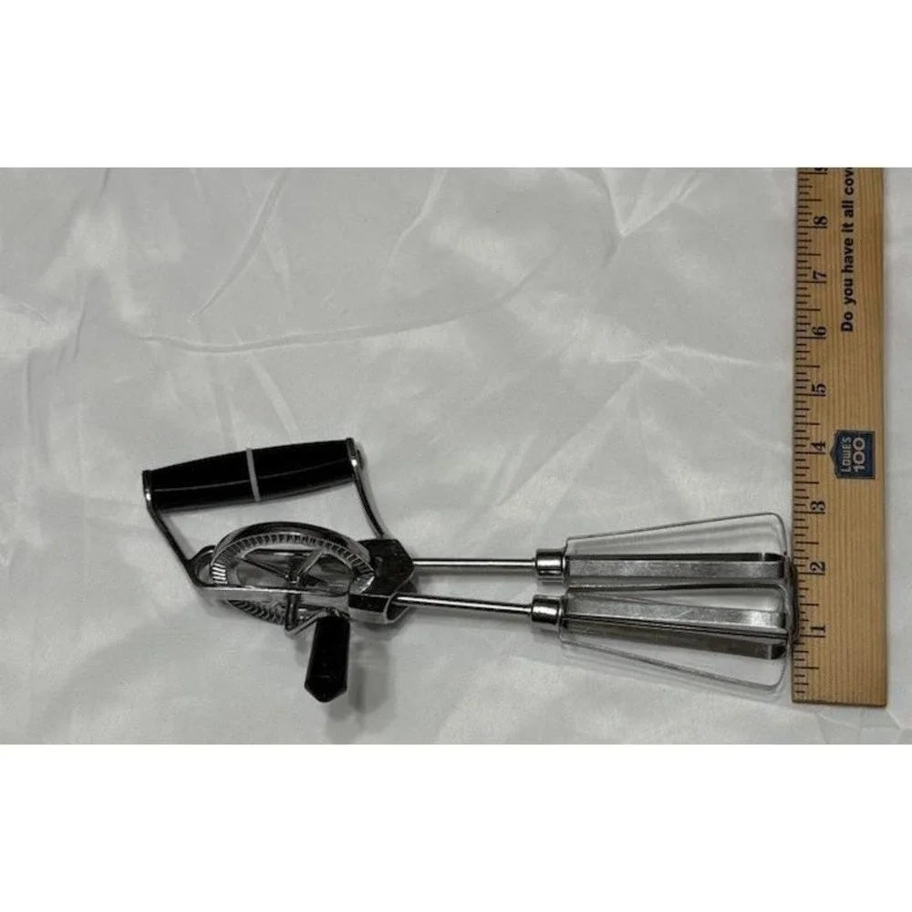 VINTAGE Hand Mixer Egg Beater Stainless Steel, Black Handle, 10 1/2