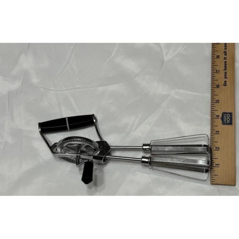VINTAGE Hand Mixer Egg Beater Stainless Steel, Black Handle, 10 1/2