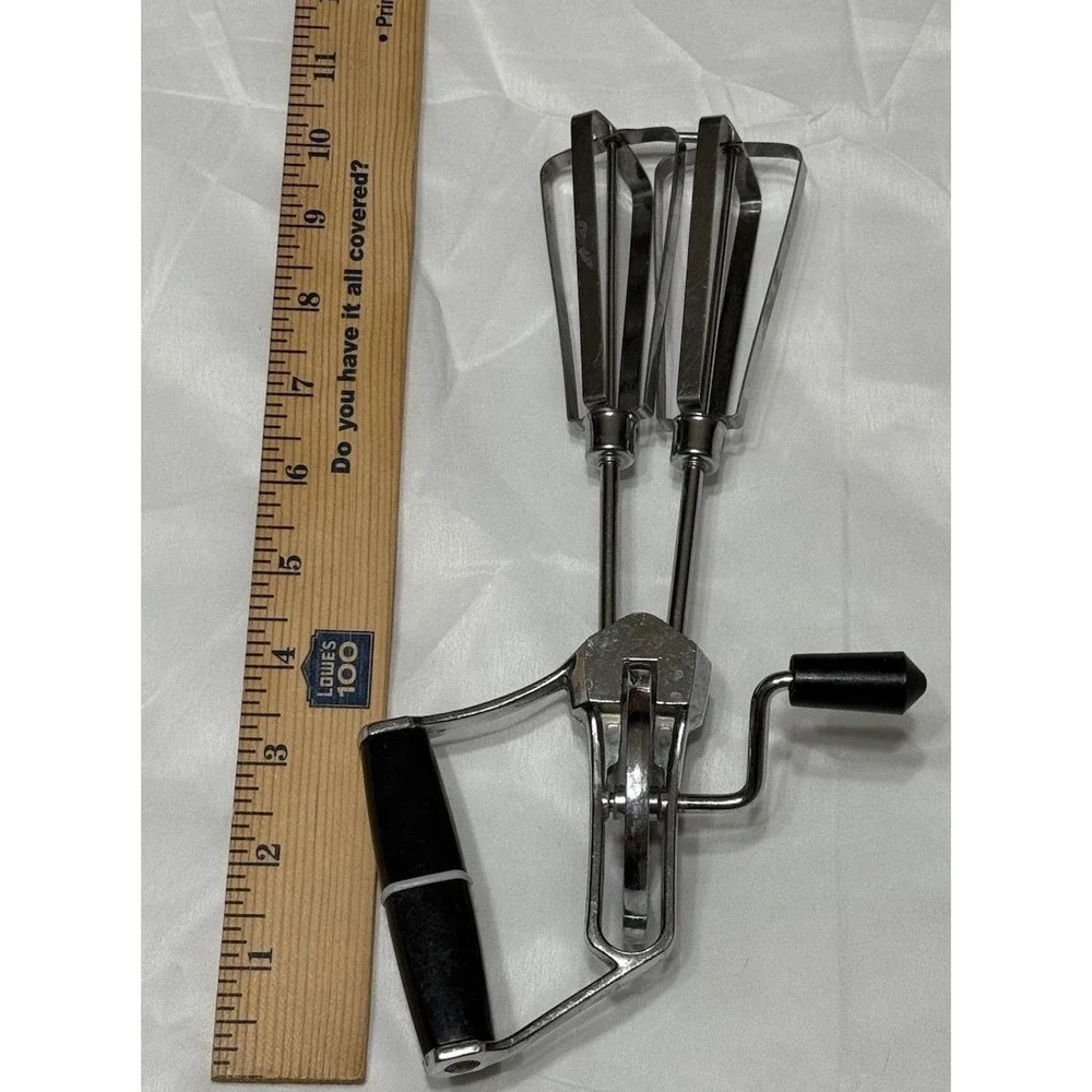 VINTAGE Hand Mixer Egg Beater Stainless Steel, Black Handle, 10 1/2