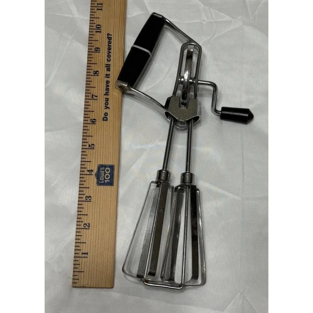 VINTAGE Hand Mixer Egg Beater Stainless Steel, Black Handle, 10 1/2