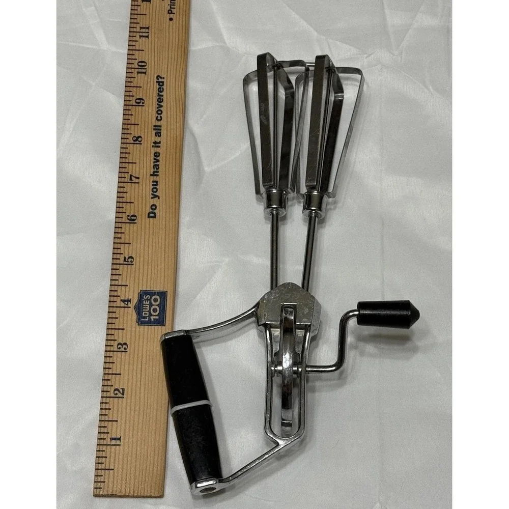 VINTAGE Hand Mixer Egg Beater Stainless Steel, Black Handle, 10 1/2