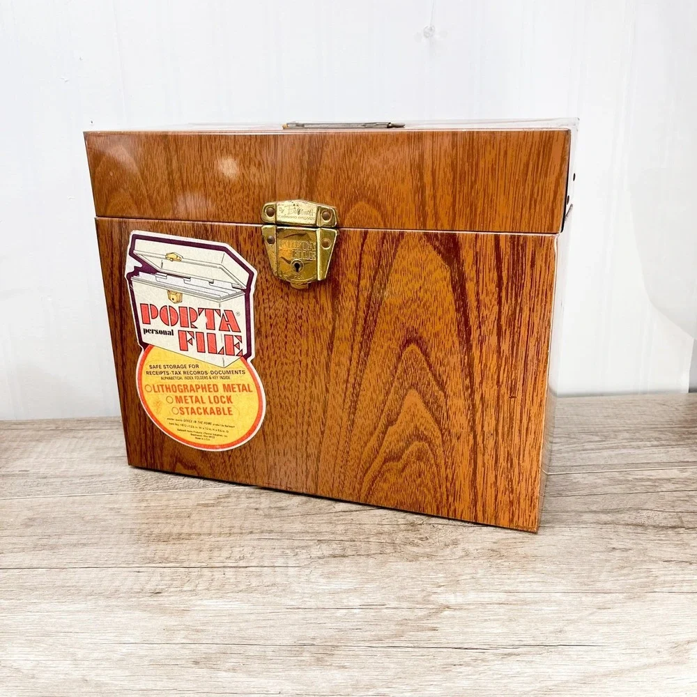 Vintage Ballonoff Porta File 1612 Metal Storage‎ Box Case Wood Grain No Key