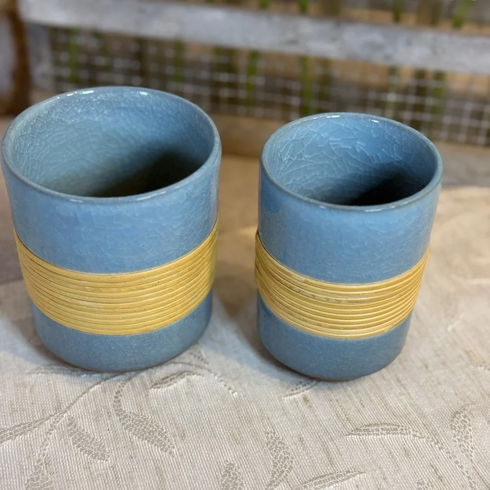 Vtg Tea Cups Crackled Pottery Blue and‎ Bamboo Wrapped. Sake Or Tea. Set of 2
