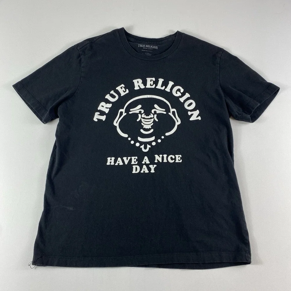 True Religion T-Shirt Mens Medium Black Short Sleeve Have A Nice Day Logo TEAR