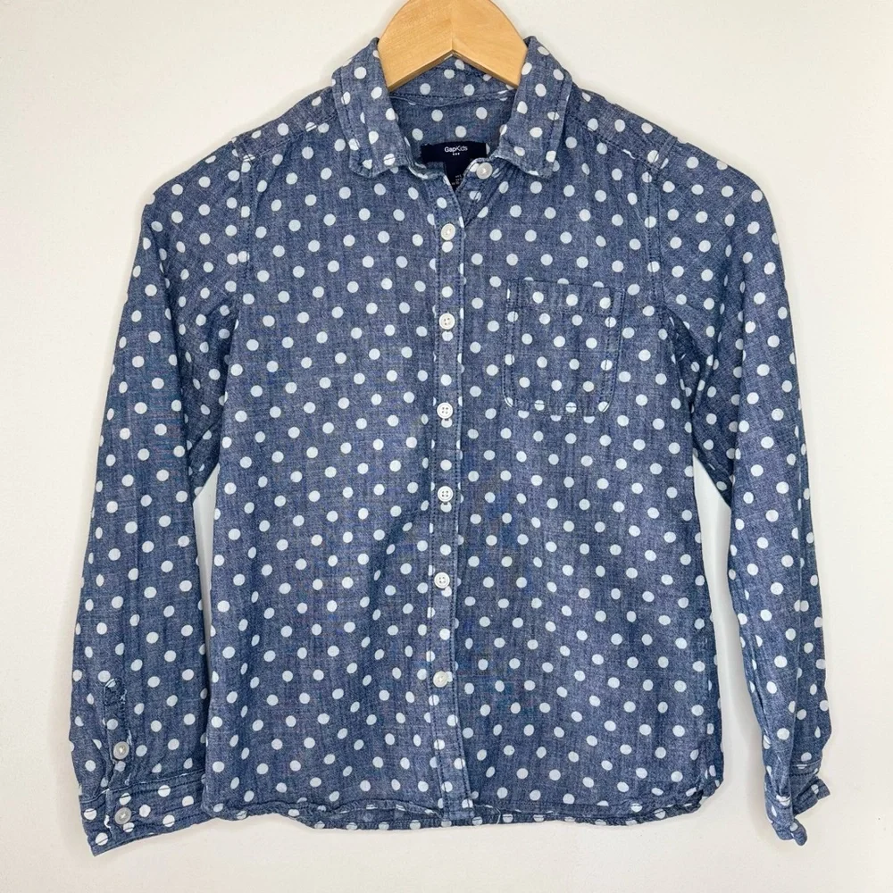 GAP Kids Polka Dot Chambray Cotton Button Up Shirt Girls Large 10 11 Preppy EUC