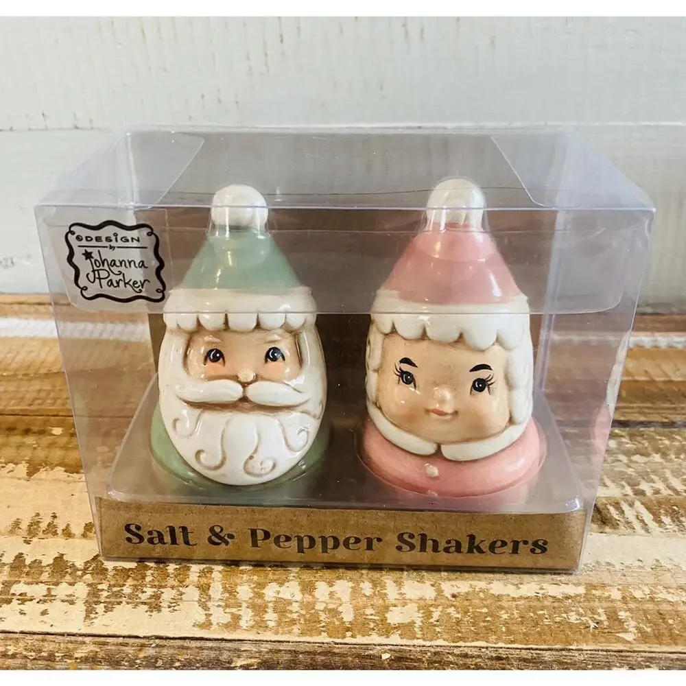 New Johanna Parker Santa Mrs Claus Salt Pepper Shakers Pastel Christmas Box