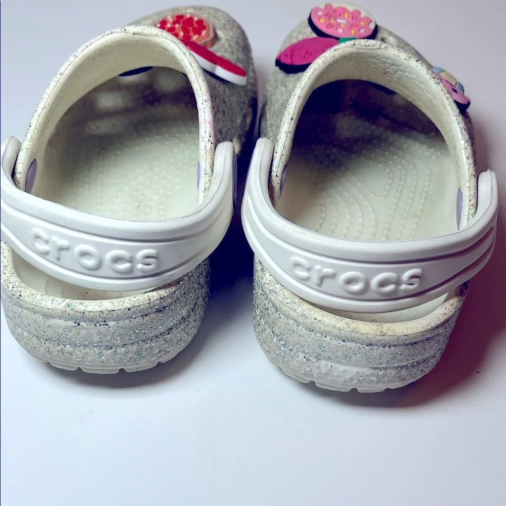 CROCS Kids Silver Glittery with Jibbitz - hearts, pizza, rose, donut & cupcakes