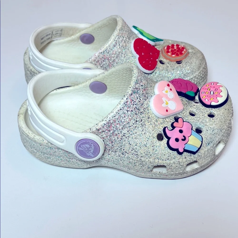 CROCS Kids Silver Glittery with Jibbitz - hearts, pizza, rose, donut & cupcakes