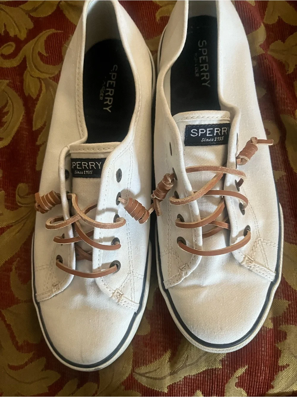 Sperry White Canvas Boat Shoes with Tan Laces