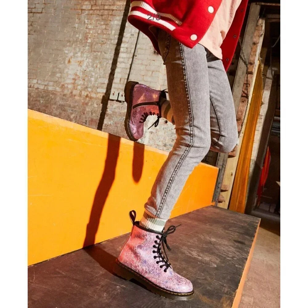 NEW! Dr. Martens Junior 1460 Crinkle Metallic Lace Up Boots Pink SZ 3