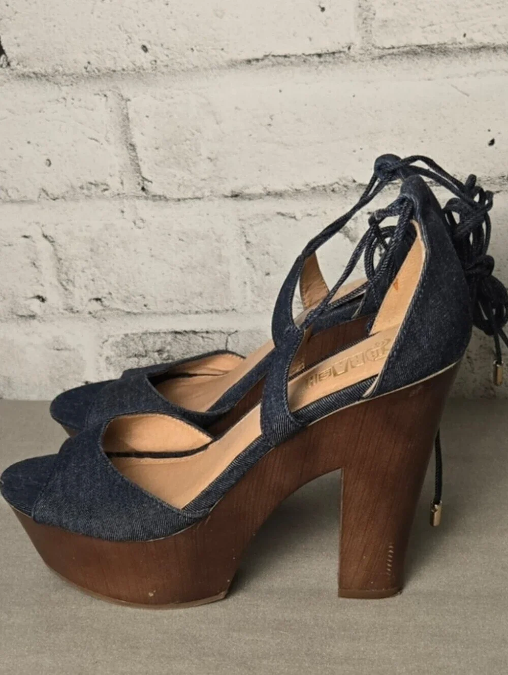 Brash Denim Lace Up Platform Heels Chunky Wooden Sandals Size 8.5