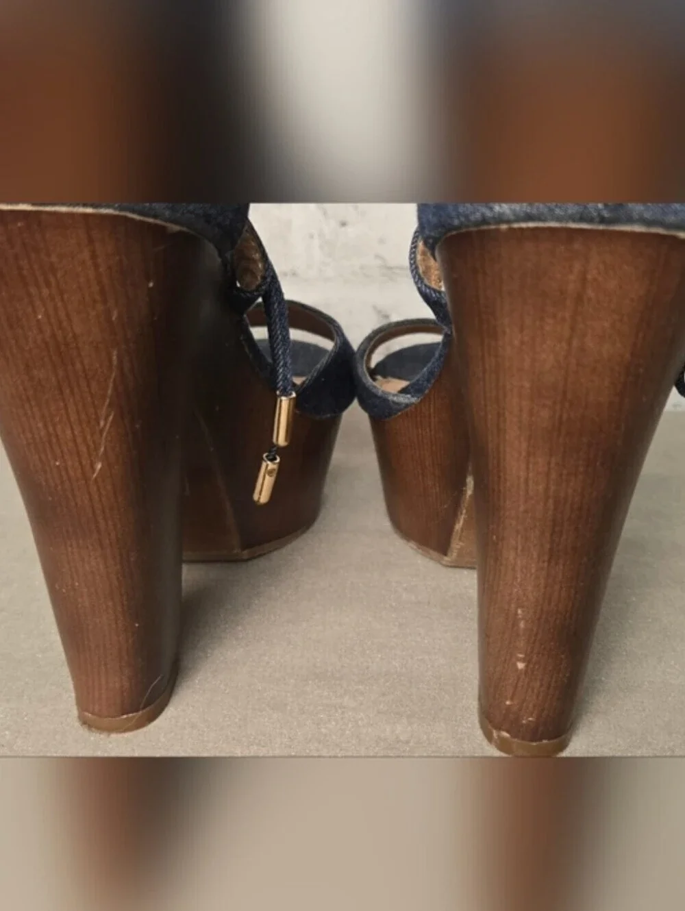 Brash Denim Lace Up Platform Heels Chunky Wooden Sandals Size 8.5
