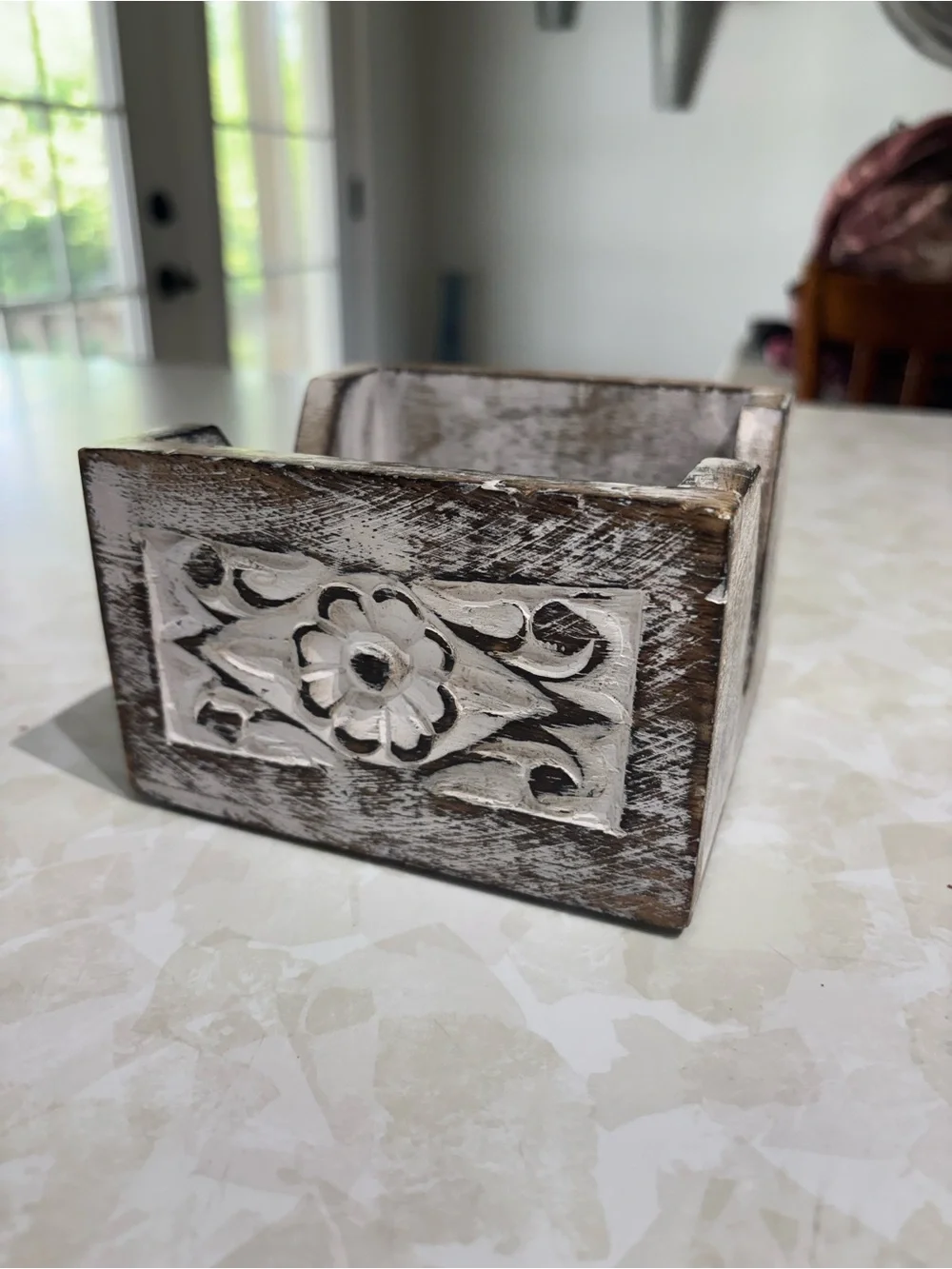 Rustic Carved Wooden Coaster Holder - Whitewashed Brown