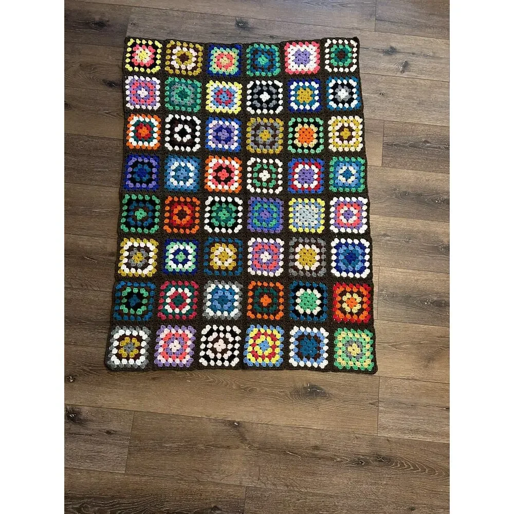 Vintage Crochet Afghan Blanket Granny Square Multicolor 34” X 48”‎