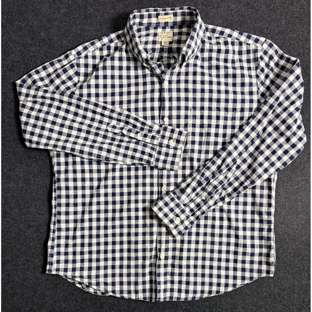 J. Crew Mens XL Slim Untucked Secret Wash Gingham Shirt Navy Blue White Organic