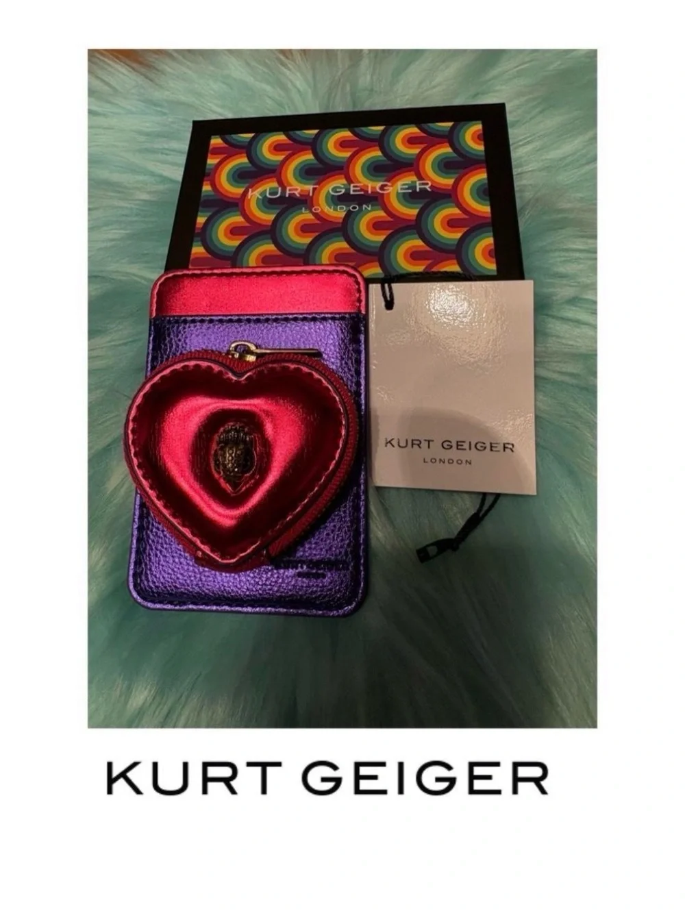 Kurt Geiger Metallic Purple Card Holder with Red-Pink Heart Pouch