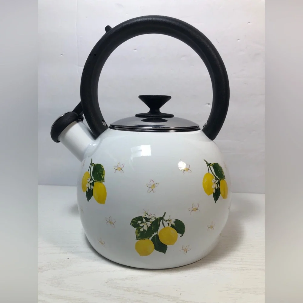 New Martha Stewart Collection Lemon Enamel on Steel Whistling Tea Kettle 1.4Qt