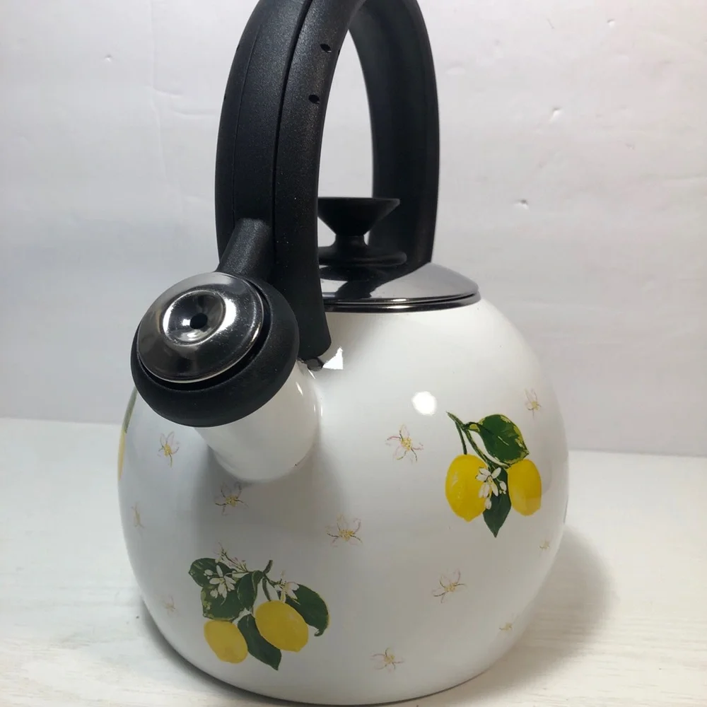New Martha Stewart Collection Lemon Enamel on Steel Whistling Tea Kettle 1.4Qt