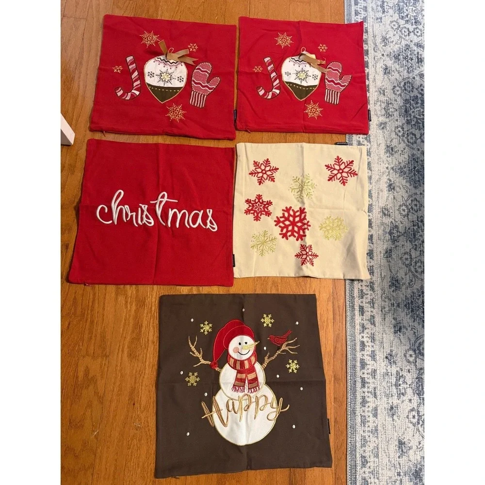 Christmas Throw Pillow Covers Set‎ Snowman Joy Snowflake Red Beige Brown Square