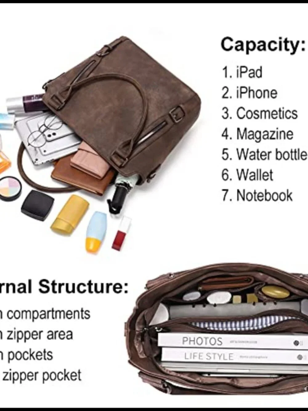Large Vegan Leather Hobo Bag Multi Pockets 3-in-1 Convertible Shoulder Crossbody