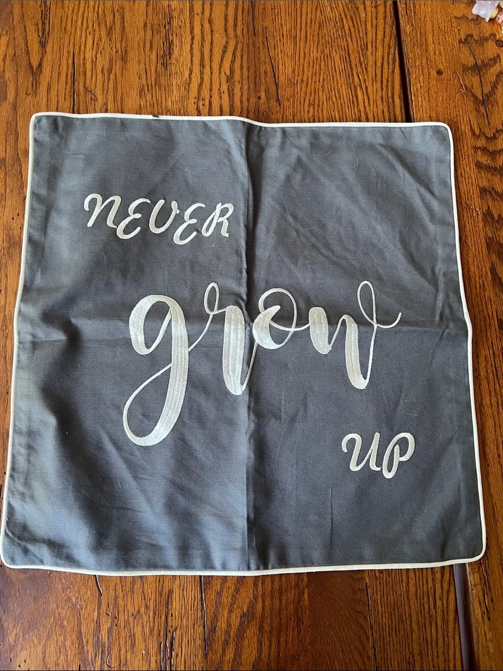 Embroidered Gray Decorative Pillow Cover with Script 