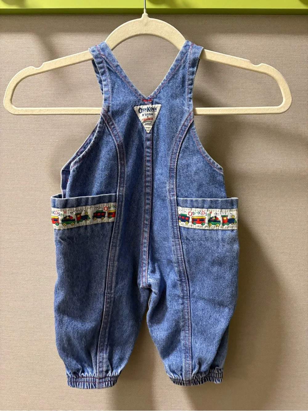 OshKosh B'gosh Vestbak Light Blue Denim Train Trim Overalls Size 3-6 Months