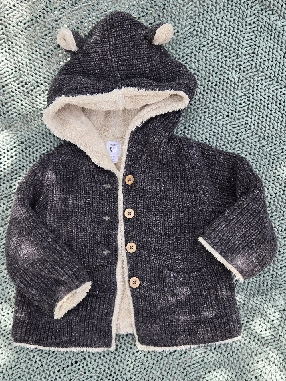 GAP Kids Charcoal Hooded Knit Jacket with Cream Sherpa Lining