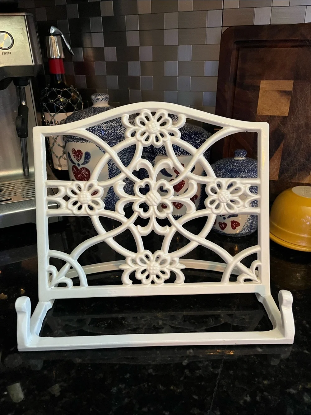 Vintage White Cast Iron Cookbook Stand-Ornate Floral Scrollwork Tablet Holder