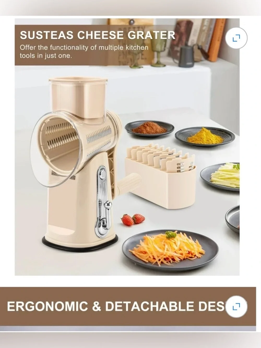 SUSTEAS Rotary Cheese Grater & Vegetable Slicer with Blade Set: new in box beige