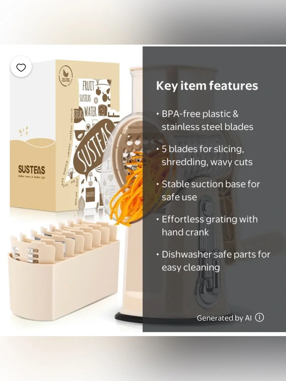 SUSTEAS Rotary Cheese Grater & Vegetable Slicer with Blade Set: new in box beige