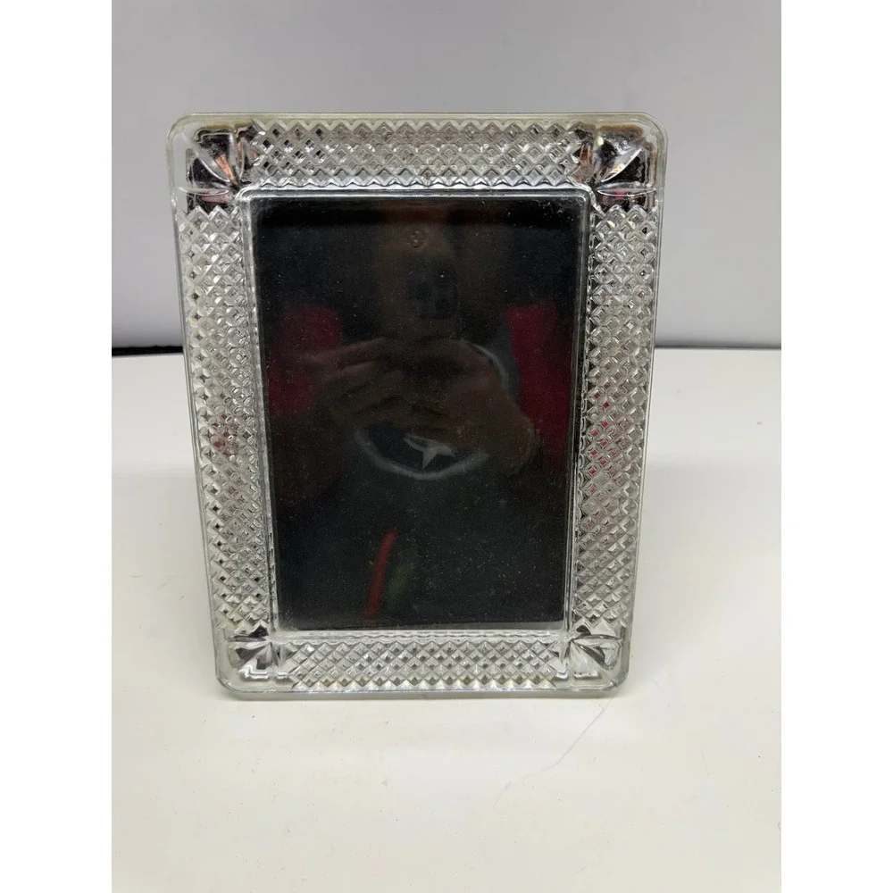 Vintage Diamond Cut Glass Picture Frame 5x7 Tabletop Wall Mount Clear Silver