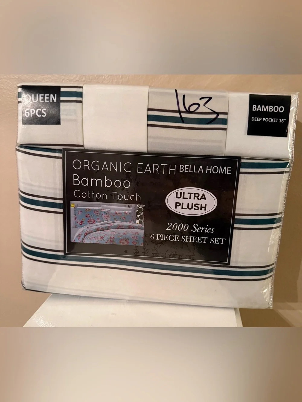 Bamboo Cotton Touch 6 pieceQueen Sheet Set - White w/Green Stripes
