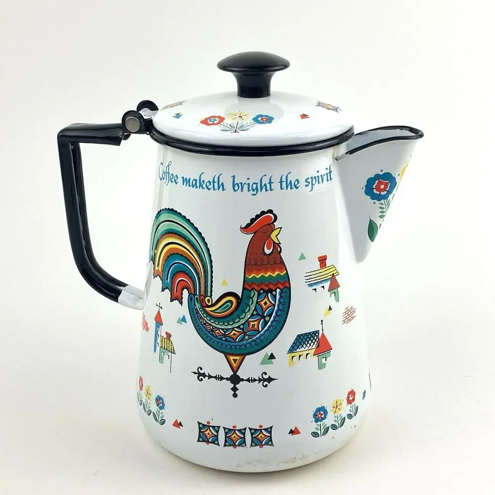 Rooster White Enamel Coffee Pot w/ Lid Decor 'Coffee Maketh Bright The Spirit