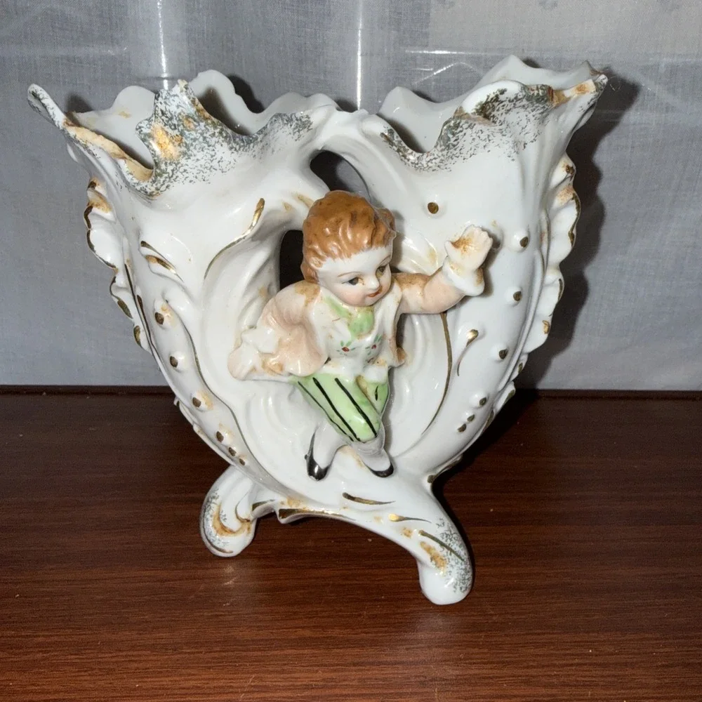vintage ceramic double vase with boy figure 5.5