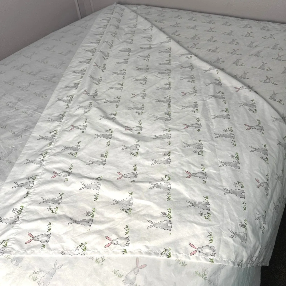 Cynthia Rowley Bunny Rabbit Floral Print White Bed Queen Sheet Set Easter