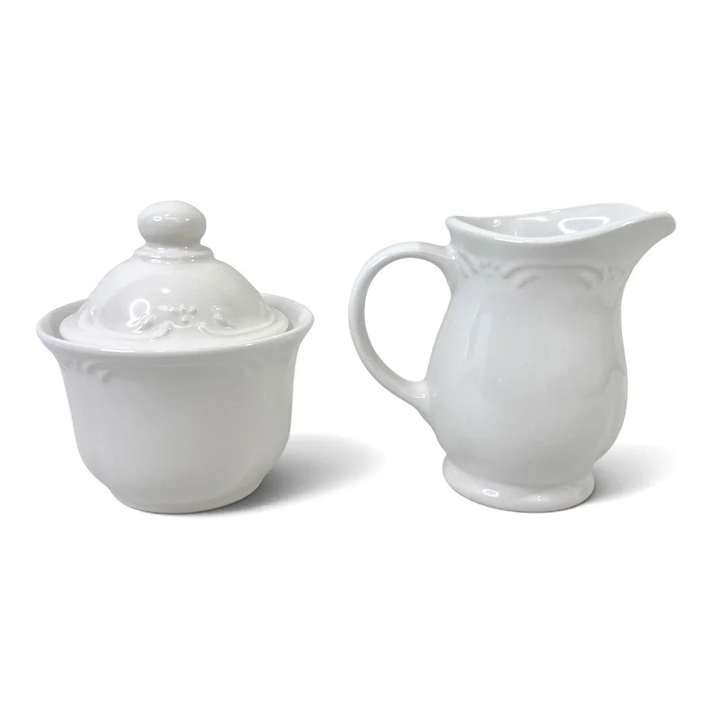 Pfaltzgraff Filigree White Stoneware Sugar Bowl with Lid and Creamer Pitcher Set