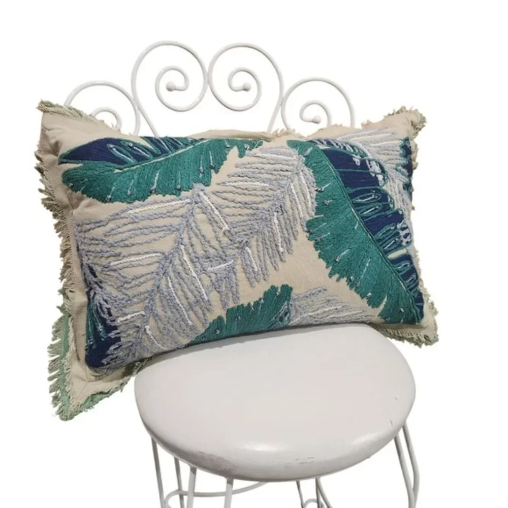 Tropical Leaf Embroidered Lumbar Pillow Coastal‎ Boho Fringe Accent