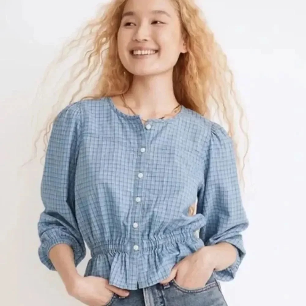 Madewell Chambray Puff-Sleeve Peplum Top in Windowpane Blue – Size S Style NE213
