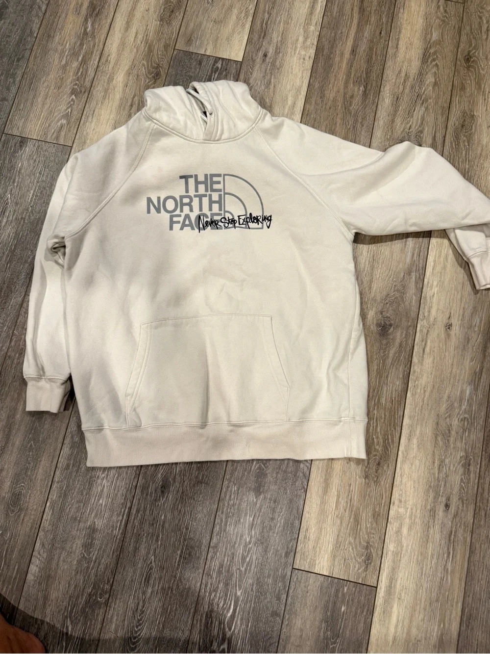 The North Face Men's Cream Crewneck Hoodie with Gray Logo