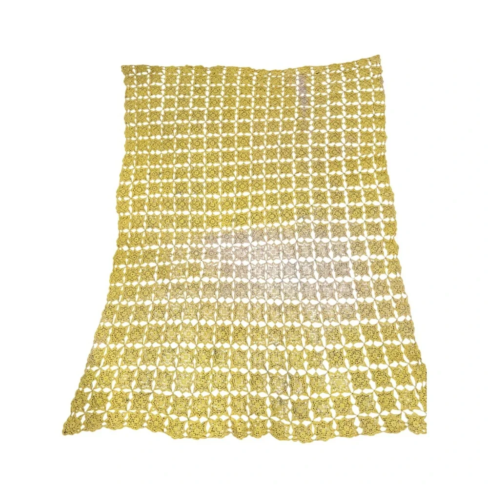 Vintage Yellow Crochet Starburst Medallion Throw Blanket Lace Tablecloth 68x50