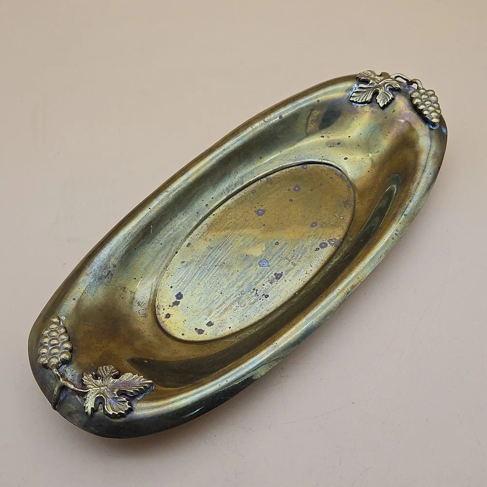 Vintage Brass Oval Dish‎ Tray Grapes Leaves Made In India 12