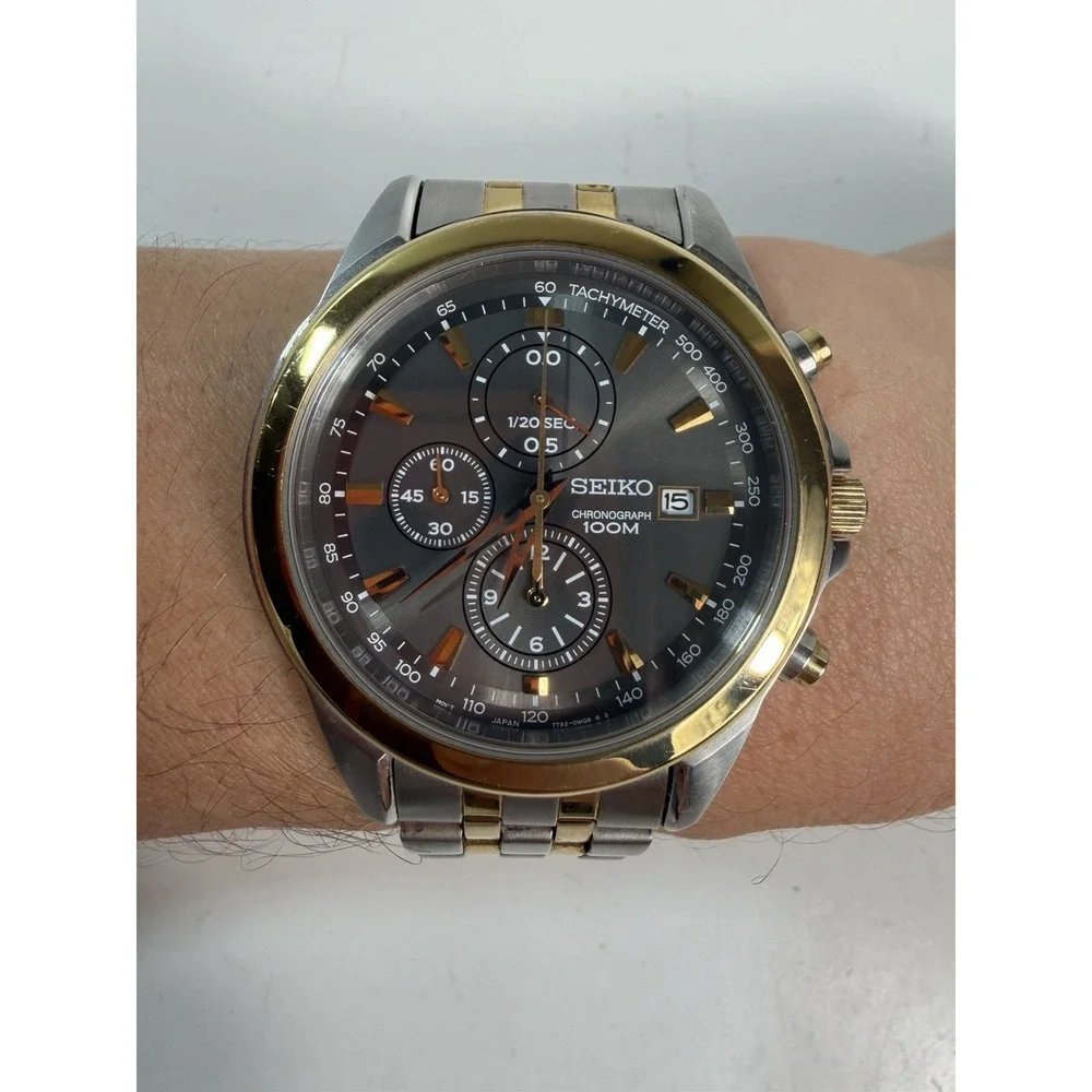 Seiko‎ Chronograph 100M Two Tone Men's Watch 7T92-0PP0 New Battery