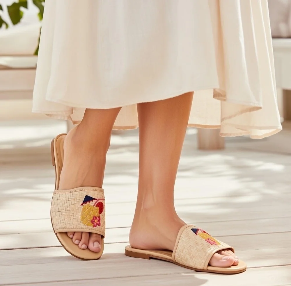 TALBOTS Keri Mai Natural Pineapple Straw Slip-On Mules Women’s Size 5.5