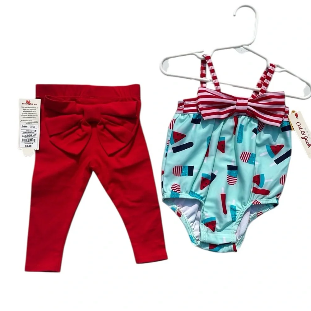 Cat & Jack Baby Swim / Bathing Suit Red Striped Popsicles Pants Bow‎ 3-6 Month