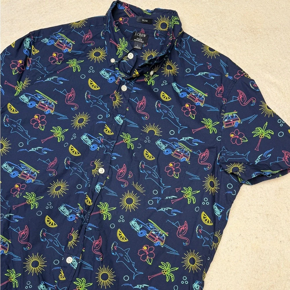 NWOT J. Crew‎ Men’s L Navy Surf Beach AOP Short Sleeve Slim Flex Button Down