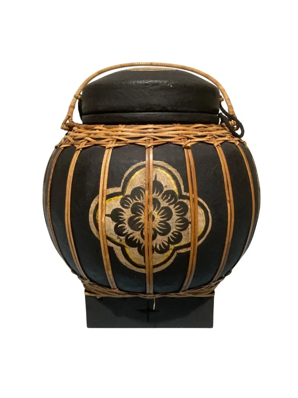 Handcrafted Vintage Thai Rice Basket With Lid And Floral Design